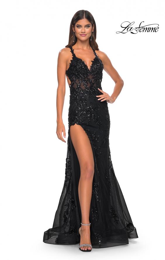 Picture of: Sequin Beaded Floral Gown with Illusion Bodice and High Slit in Black, Style: 32107, Detail Picture 4