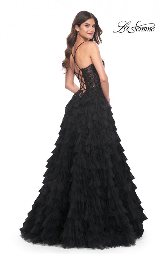 Picture of: Ruffle A-Line Dress with Ruched Bodice and Sequin Lace Applique in Black, Style: 32108, Detail Picture 4