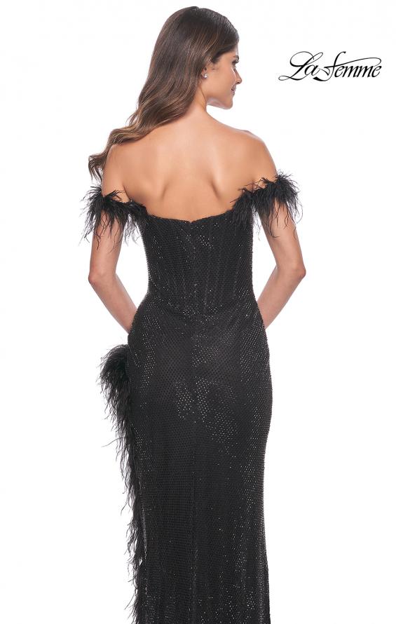 Picture of: Rhinestone Fishnet Dress with Feather Off the Shoulder Straps and Slit in Black, Style: 32151, Detail Picture 4