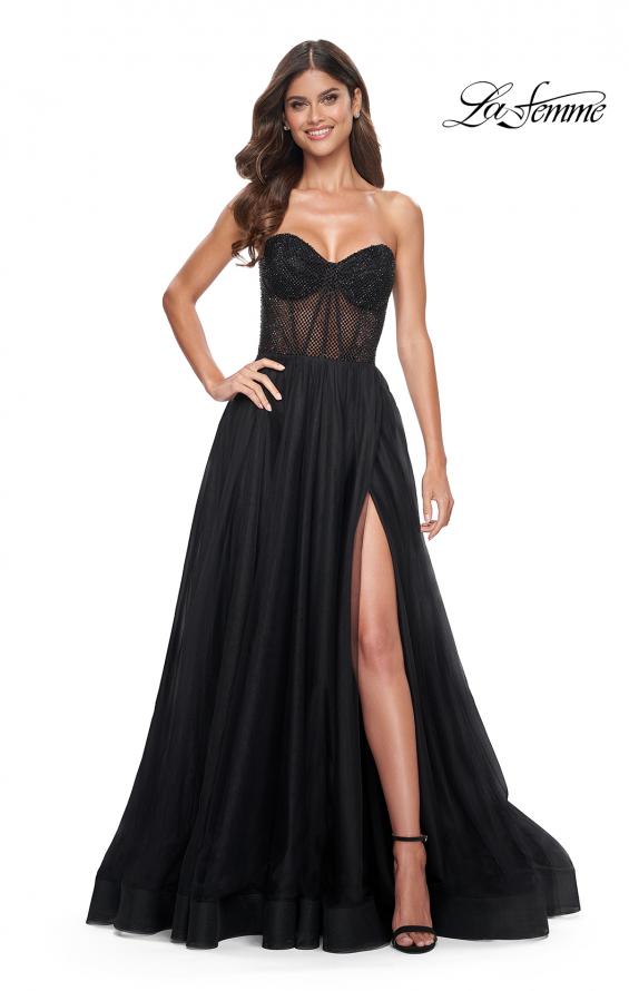 Picture of: A-Line Tulle Prom Dress with Rhinestone Fishnet Bodice in Black, Style: 32216, Detail Picture 4
