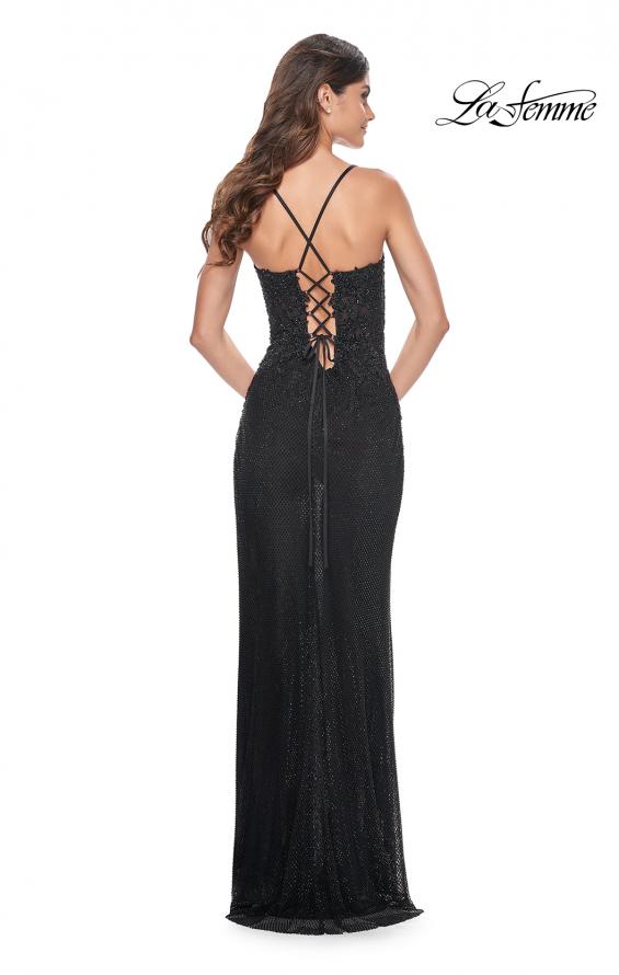 Picture of: Rhinestone Fishnet Gown with Lace Detail and High Slit in Black, Style: 32218, Detail Picture 4