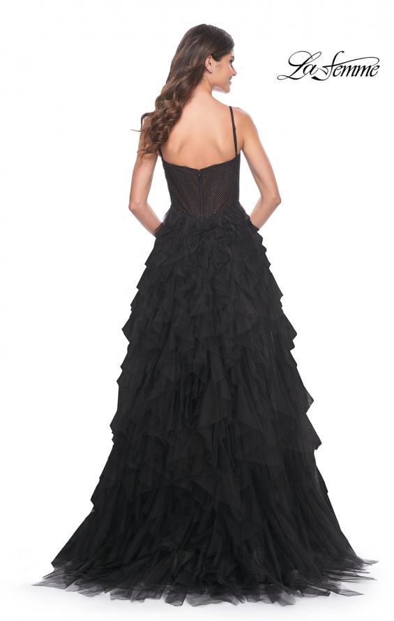 Picture of: Tulle A-Line Dress with Ruffle Skirt and Buster Rhinestone Fishnet Bodice in Black, Style: 32233, Detail Picture 4
