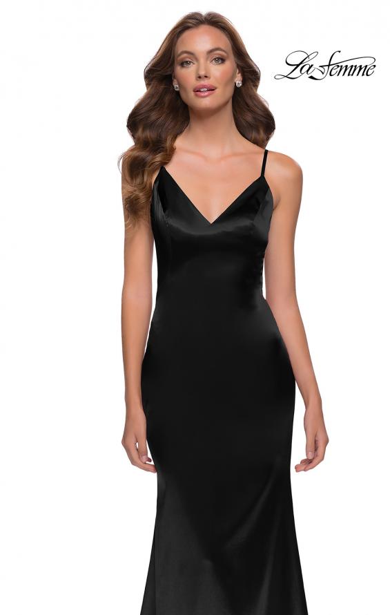 Picture of: Chic Long Stretch Satin Gown with V Neck and Back in Black, Style 29960, Detail Picture 5