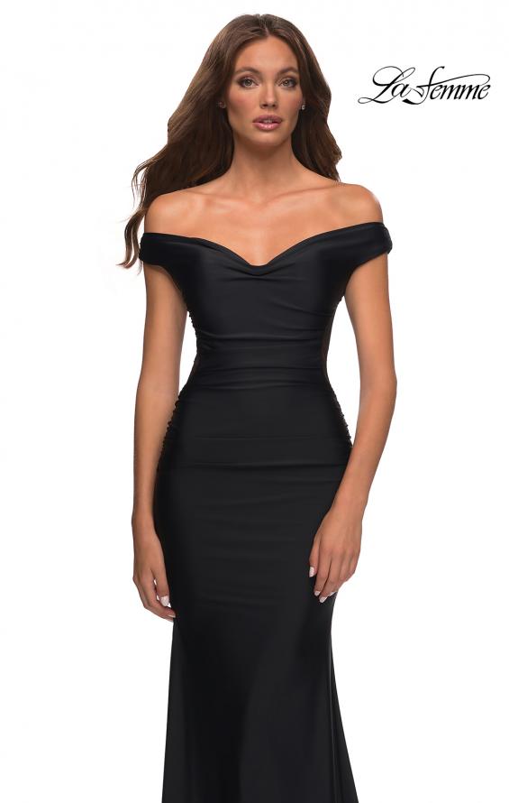 Picture of: Luxe Off the Shoulder Gown with Mesh Side and Back Panels in Black, Detail Picture 5