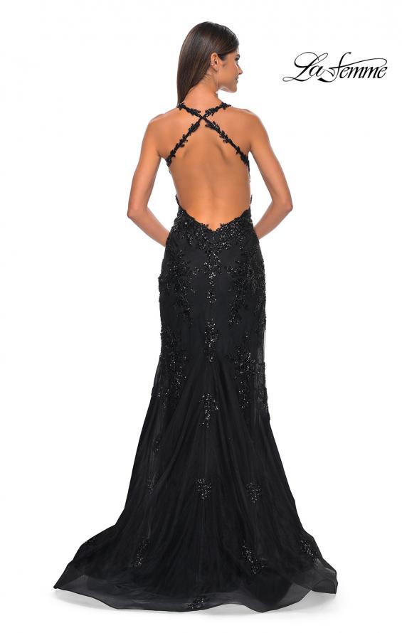 Picture of: Sequin Beaded Floral Gown with Illusion Bodice and High Slit in Black, Style: 32107, Detail Picture 5