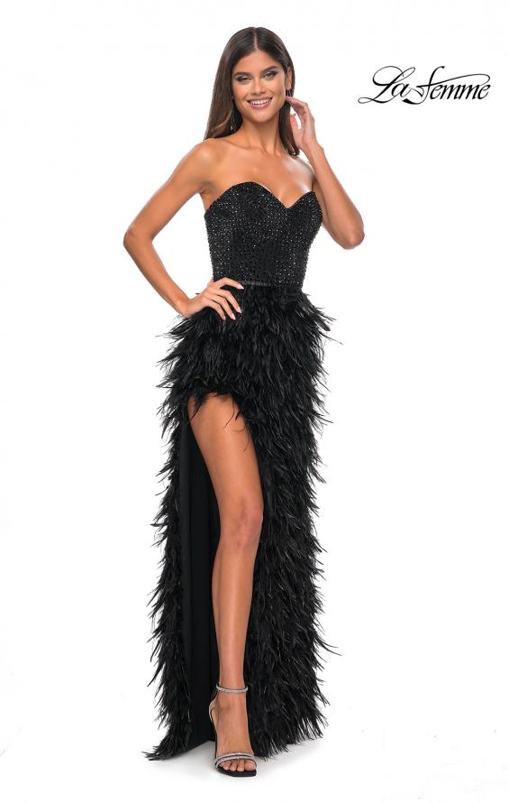 Picture of: Feather Prom Gown with High Slit and Full Rhinestone Strapless Bodice in Black, Style: 32165, Detail Picture 5