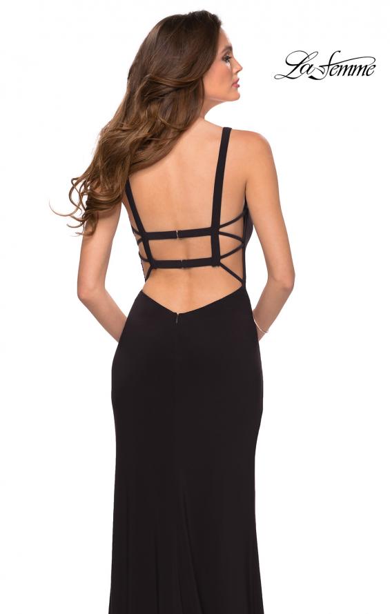 Picture of: V Neck Long Jersey Prom Dress with Open Strappy Back in Black, Style 29503, Detail Picture 6