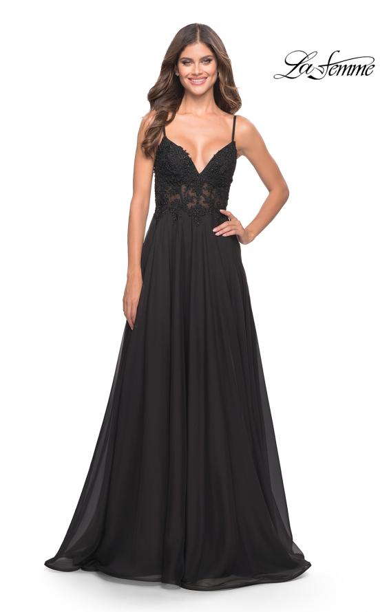 Picture of: A-line Gown with Sheer Floral Embellished Bodice in Jewel Tones in Black, Style: 30639, Detail Picture 6