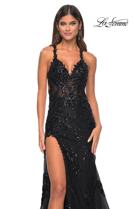 Picture of: Sequin Beaded Floral Gown with Illusion Bodice and High Slit in Black, Style: 32107, Detail Picture 6