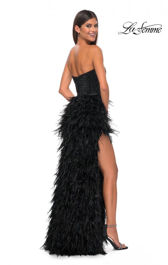 Picture of: Feather Prom Gown with High Slit and Full Rhinestone Strapless Bodice in Black, Style: 32165, Detail Picture 6