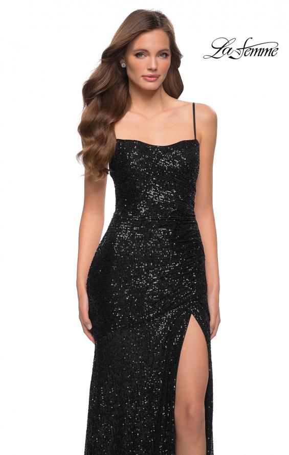 Picture of: Lace Up Back Sequin Gown with Flare Skirt in Black, Style 29741, Detail Picture 7