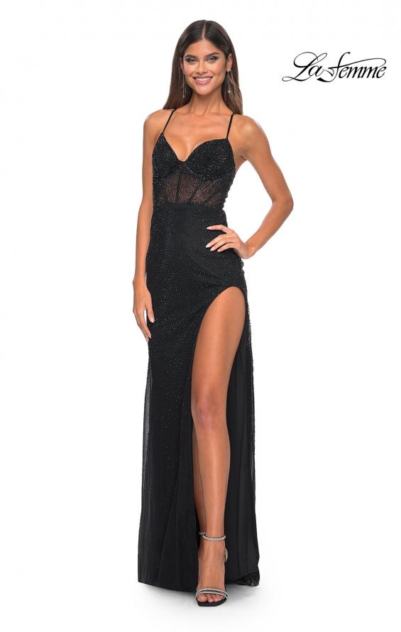 Picture of: Rhinestone Embellished Fitted Dress with Illusion Bustier Top in Black, Style: 31701, Detail Picture 7