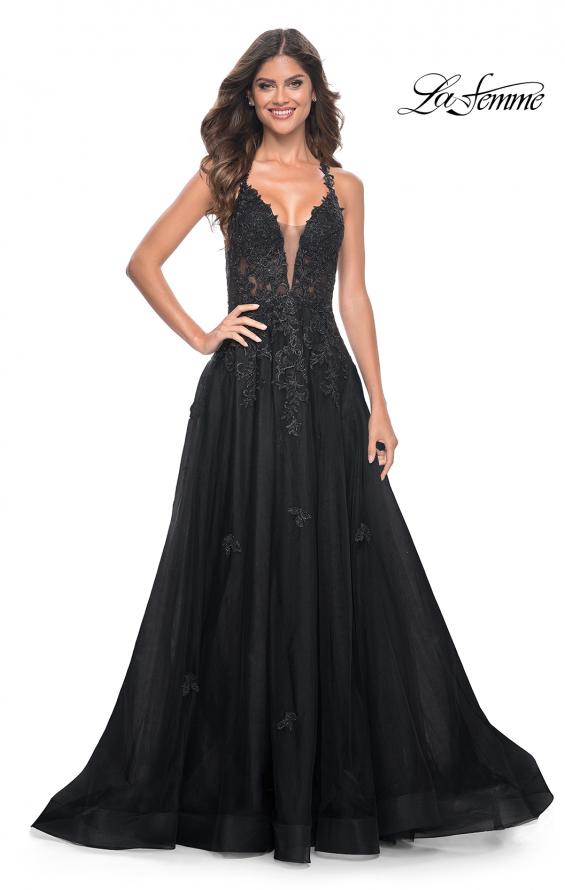 Picture of: A-Line Tulle Dress with Rhinestone Embellished Lace Applique in Black, Style: 32022, Detail Picture 7