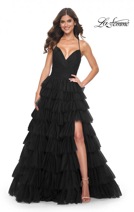 Picture of: A-Line Ruffle Tulle Gown with High Slit and Lace Up Back in Black, Style: 32086, Detail Picture 7