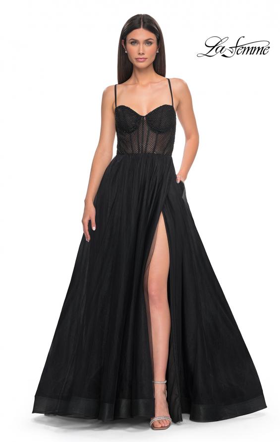 Picture of: A-Line Tulle Gown with High Slit and Illusion Rhinestone Fishnet Bodice in Black, Style: 32135, Detail Picture 7