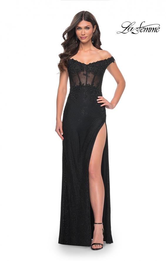 Picture of: Off the Shoulder Rhinestone Fishnet Gown with Lace Details in Black, Style: 32116, Detail Picture 14