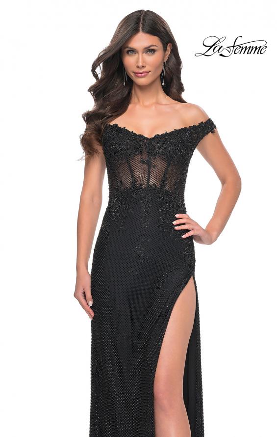 Picture of: Off the Shoulder Rhinestone Fishnet Gown with Lace Details in Black, Style: 32116, Detail Picture 6
