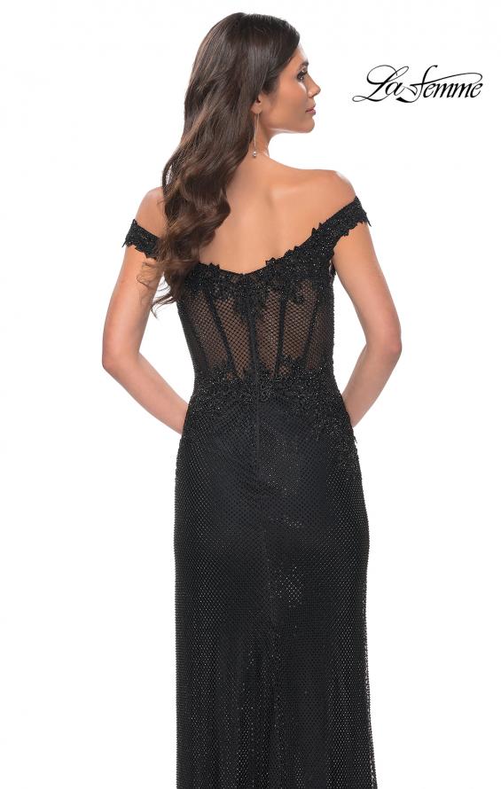 Picture of: Off the Shoulder Rhinestone Fishnet Gown with Lace Details in Black, Style: 32116, Detail Picture 7
