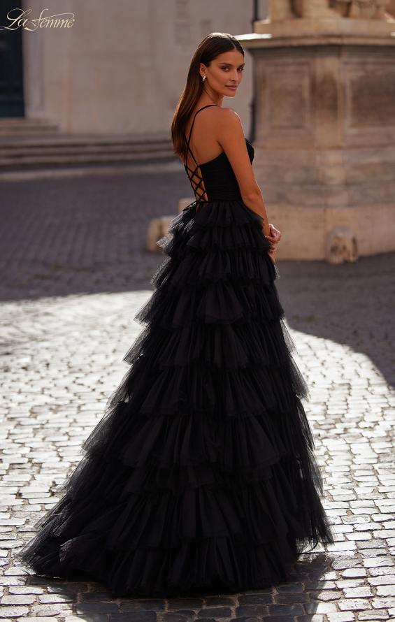 Picture of: A-Line Ruffle Tulle Gown with High Slit and Lace Up Back in Black, Style: 32086, Back Picture