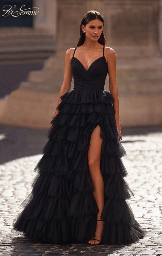 Picture of: A-Line Ruffle Tulle Gown with High Slit and Lace Up Back in Black, Style: 32086, Detail Picture 1