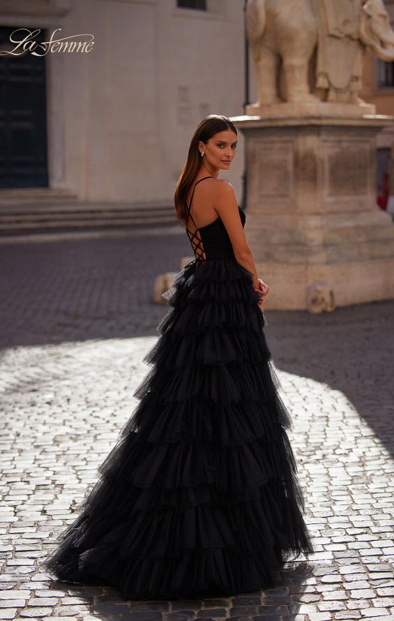 Picture of: A-Line Ruffle Tulle Gown with High Slit and Lace Up Back in Black, Style: 32086, Detail Picture 3