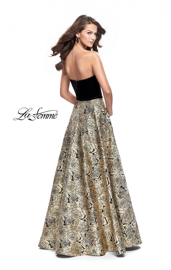 Picture of: Strapless Ball Gown with Velvet Bodice and Rose Print Skirt in Black Gold, Style: 25581, Back Picture