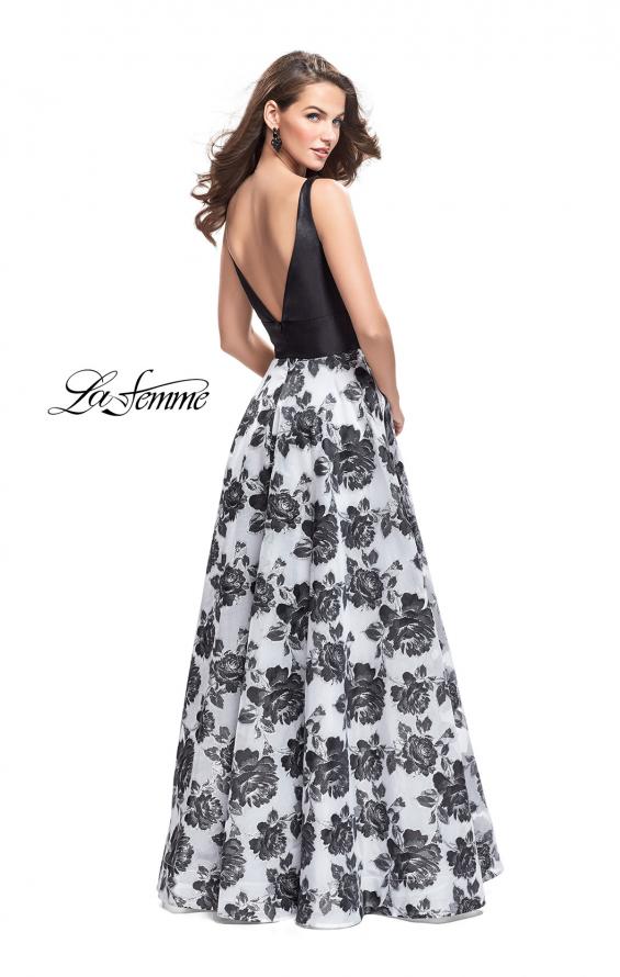 Picture of: Floral Printed A-line Prom Dress with Low V Back in Black Ivory, Style: 25976, Back Picture
