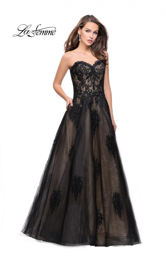 Picture of: Strapless Lace Gown with Tulle and Lace Applique in Black Nude, Style: 25560, Detail Picture 1