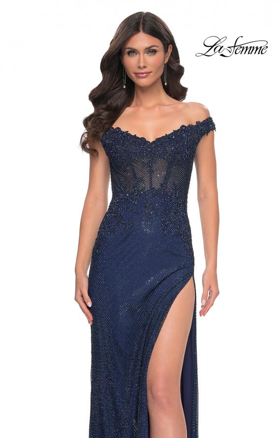 Picture of: Off the Shoulder Rhinestone Fishnet Gown with Lace Details in Blue, Style: 32116, Detail Picture 8