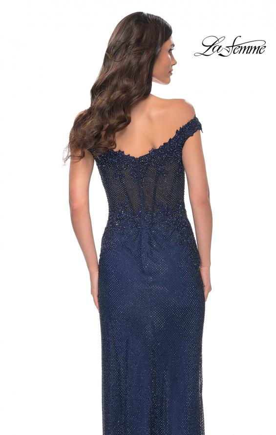 Picture of: Off the Shoulder Rhinestone Fishnet Gown with Lace Details in Blue, Style: 32116, Detail Picture 9