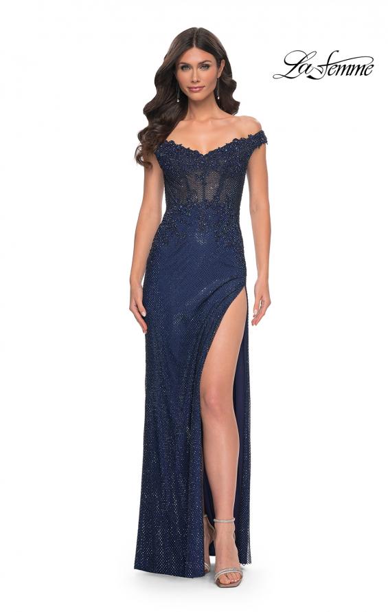 Picture of: Off the Shoulder Rhinestone Fishnet Gown with Lace Details in Blue, Style: 32116, Detail Picture 16