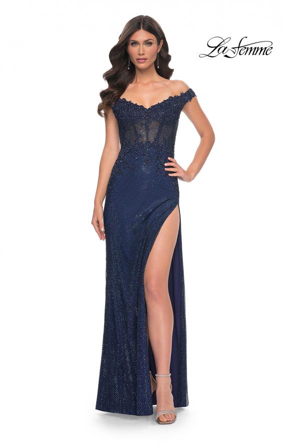 Picture of: Off the Shoulder Rhinestone Fishnet Gown with Lace Details in Blue, Style: 32116, Detail Picture 18