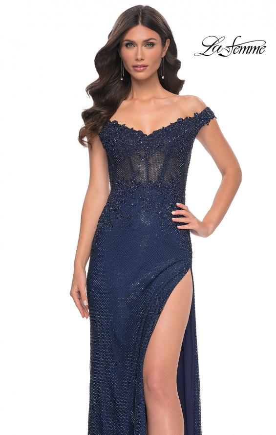 Picture of: Off the Shoulder Rhinestone Fishnet Gown with Lace Details in Blue, Style: 32116, Detail Picture 19