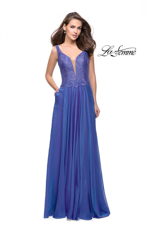 Picture of: Long Evening Gown with Chiffon Skirt and Scoop Open Back in Blue Violet, Style: 25513, Detail Picture 2