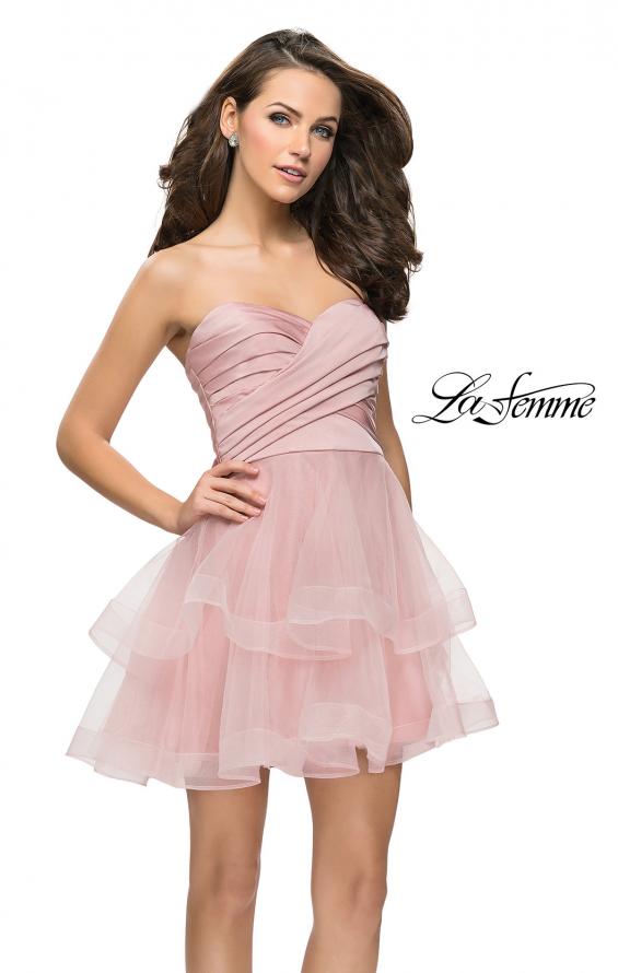 Picture of: Short Homecoming Dress with Tiered Tulle Skirt in Blush, Style: 26654, Main Picture