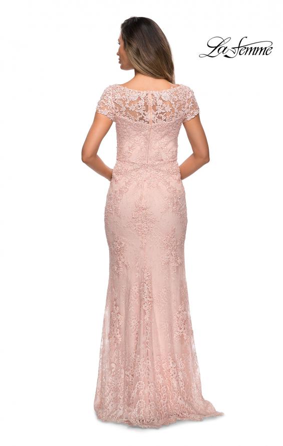 Picture of: Long Lace Evening Dress with Sheer Cap Sleeves in Blush, Style: 27856, Back Picture