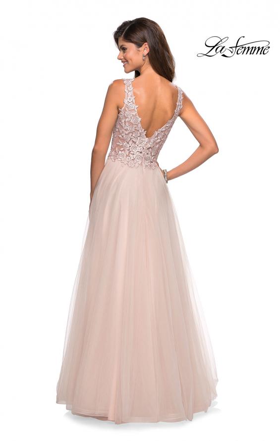 Picture of: Long Tulle Gown with Embellished Sheer Bodice in Blush, Style: 27574, Back Picture