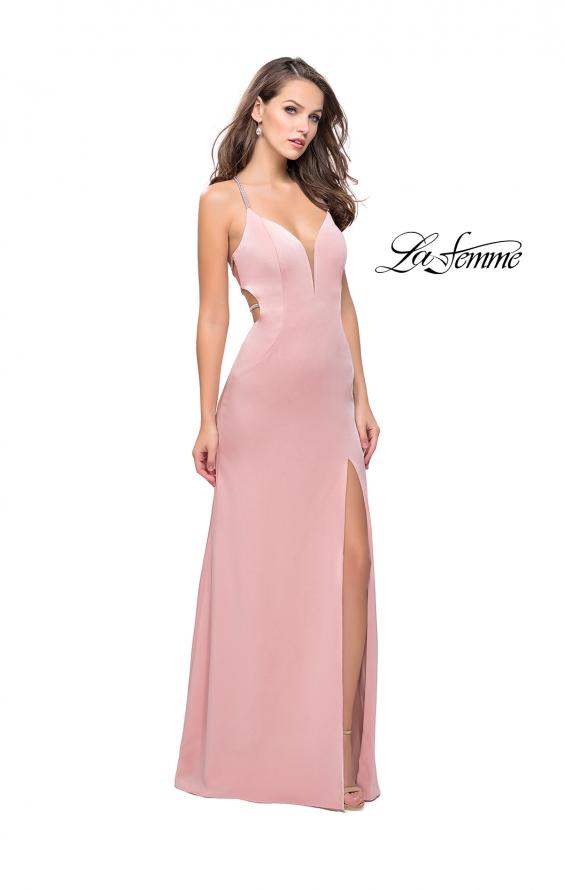 Picture of: Long Jersey Prom Dress with Plunging Neckline and Beading in Blush, Style: 25398, Detail Picture 1