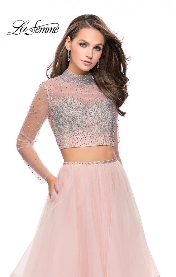 Picture of: Long Sleeve Two Piece Dress with Tulle Ruffle Skirt in Blush, Style: 25555, Detail Picture 1