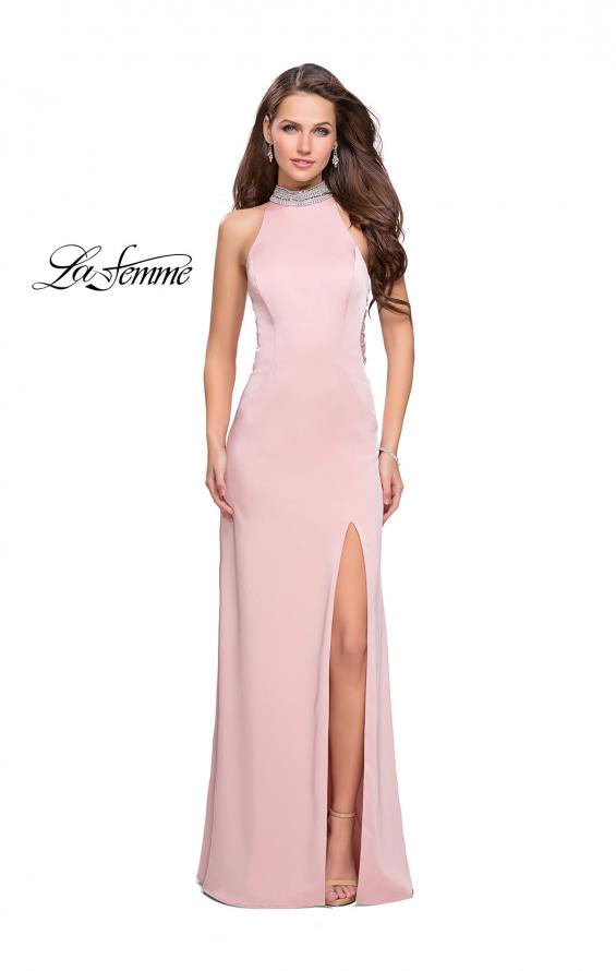 Picture of: Jersey Prom Gown with Metallic Beading and Leg Slit in Blush, Style: 25767, Detail Picture 1