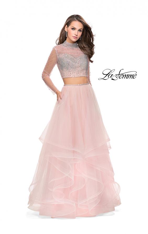 Picture of: Long Sleeve Two Piece Dress with Tulle Ruffle Skirt in Blush, Style: 25555, Detail Picture 2