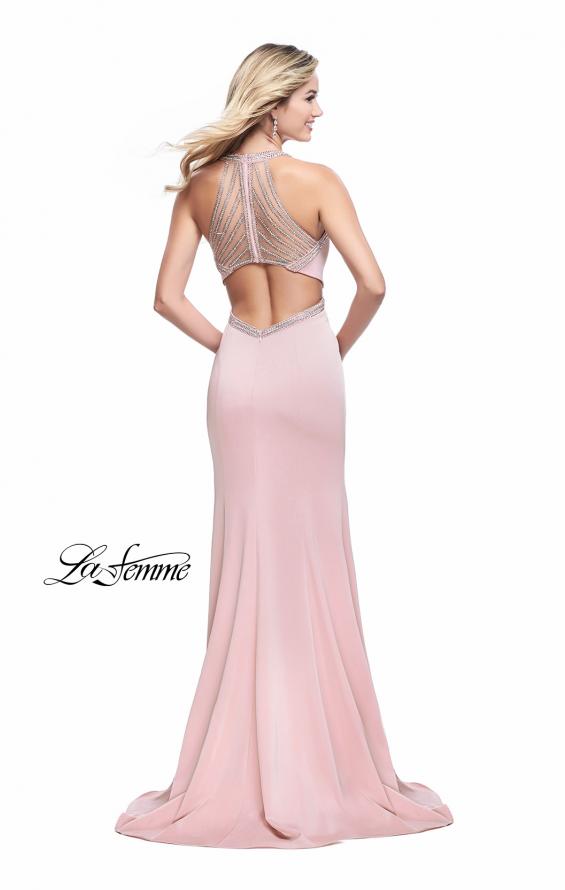 Picture of: Long Jersey Prom Dress with High Neck and Cut Outs in Blush, Style: 26069, Detail Picture 2