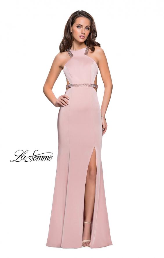 Picture of: Beaded Form Fitting Long Prom Dress with Leg Slit in Blush, Style: 26129, Detail Picture 2