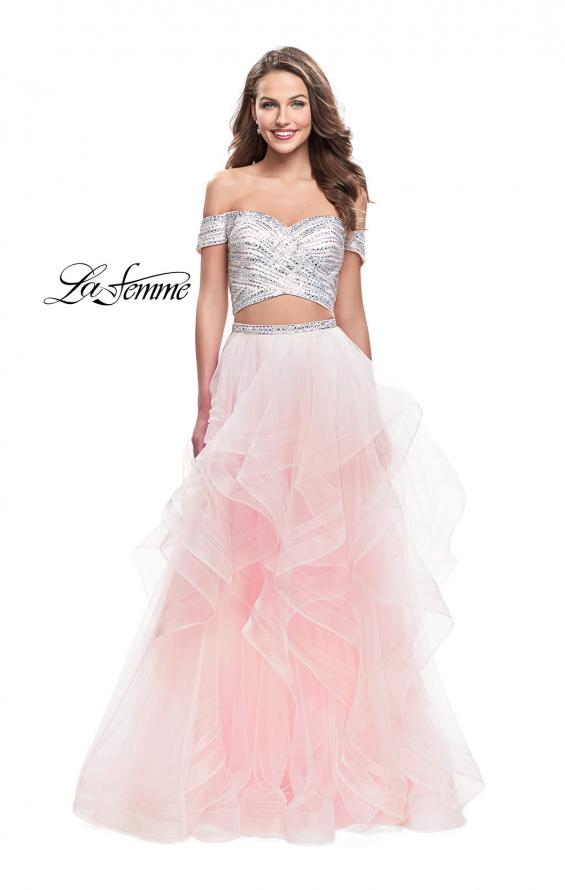 Picture of: Off the Shoulder A-line Gown with Ruffle Tulle Skirt in Blush, Style: 26169, Detail Picture 2