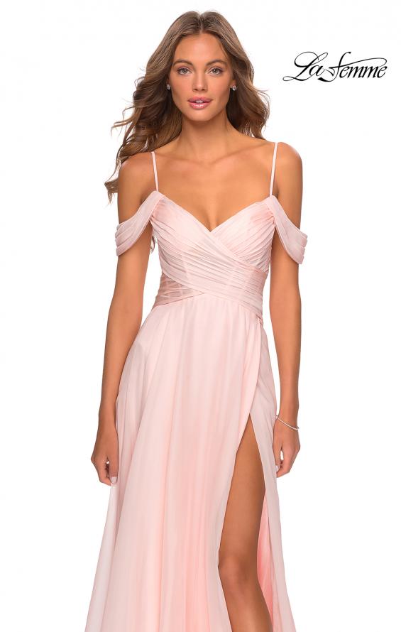 Picture of: Off the Shoulder Chiffon Dress with Scoop Back in Blush, Style: 28942, Detail Picture 2