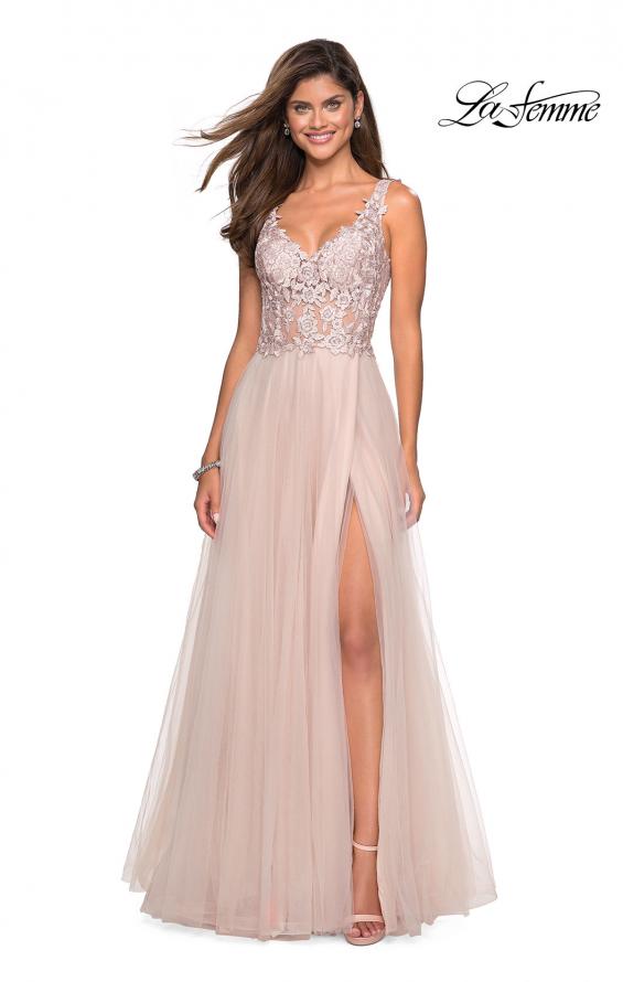 Picture of: Long Tulle Gown with Embellished Sheer Bodice in Blush, Style: 27574, Detail Picture 3