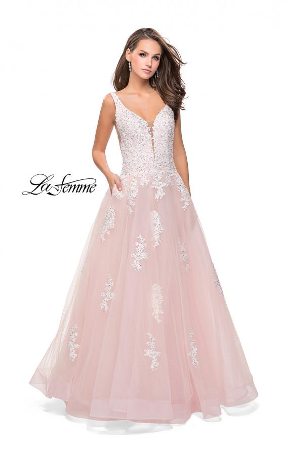Picture of: Long Tulle Ball Gown with Lace Applique and Side Cut Outs in Blush White, Style: 25624, Detail Picture 3
