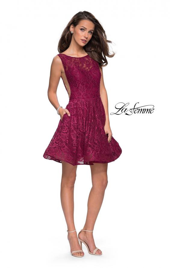 Picture of: Lace Short Dress with Rhinestones and Pockets in Boysenberry, Style: 26616, Detail Picture 5