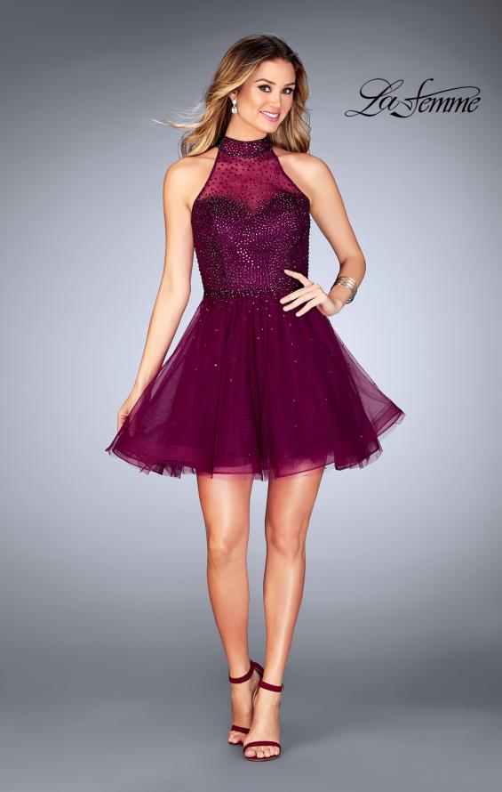 Picture of: Short Tulle Dress with High Neckline and Beading in Boysenberry, Style: 25293, Detail Picture 7