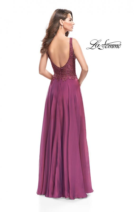 Picture of: Long Evening Gown with Chiffon Skirt and Scoop Open Back in Boysenberry, Style: 25513, Back Picture